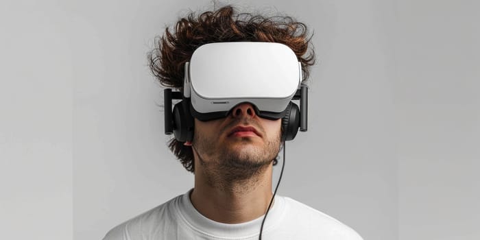 young man gamer wearing virtual reality glasses in gaming room. Vr glasses mockup. ai generated