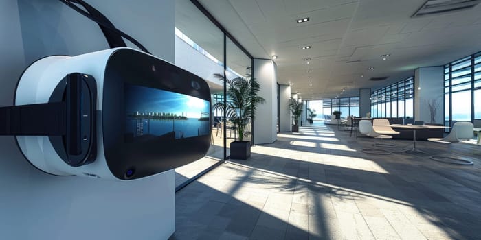 Virtual reality glasses on desk in gaming room. Vr glasses mockup. ai generated