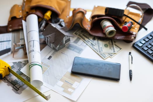 Engineering diagram blueprint paper drafting project sketch architectural. industrial drawing detail and several drawing tools. High quality photo