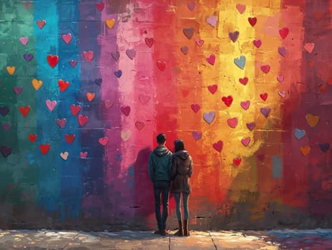 Two individuals, possibly celebrating Valentines Day or showing support for the LGBT community, stand in front of a wall covered in hearts.