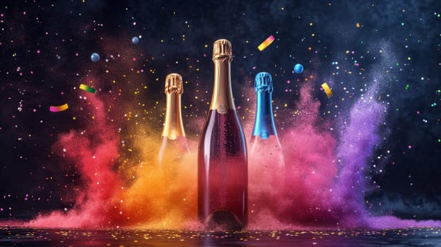 three bottles of champagne with an empty label on a festive background with confetti and colored smoke.