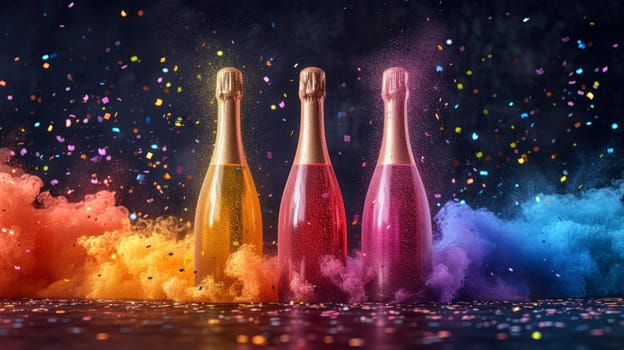 three bottles of champagne with an empty label on a festive background with confetti and colored smoke.