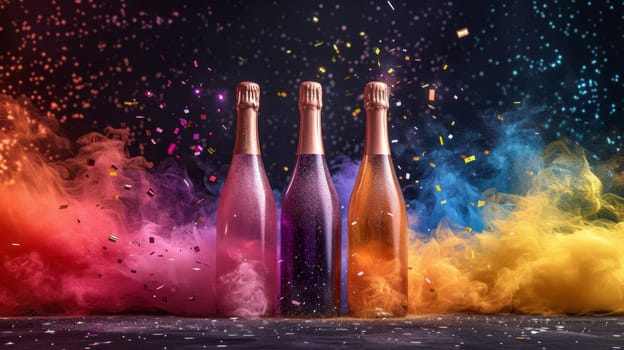 three bottles of champagne with an empty label on a festive background with confetti and colored smoke.