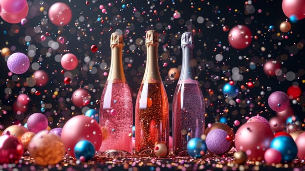 three bottles of champagne with an empty label on a festive background with balloons.