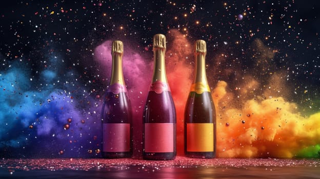 three bottles of champagne with an empty label on a festive background with confetti and colored smoke.