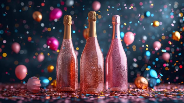 three bottles of champagne with an empty label on a festive background with balloons.