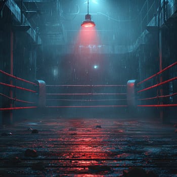 A boxing ring is illuminated by a red light while rain pours down, creating a dramatic and intense atmosphere for a fight night.