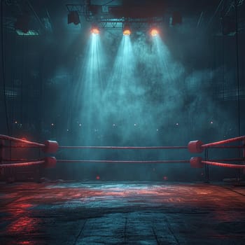 A photo capturing a boxing ring illuminated by bright lights, set against a backdrop of misty fog.
