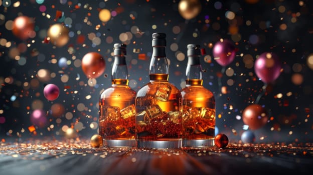 Three bottles of whiskey with an empty label on a festive background with balloons and confetti.