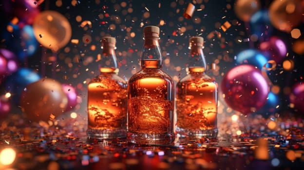 Three bottles of whiskey with an empty label on a festive background with balloons and confetti.
