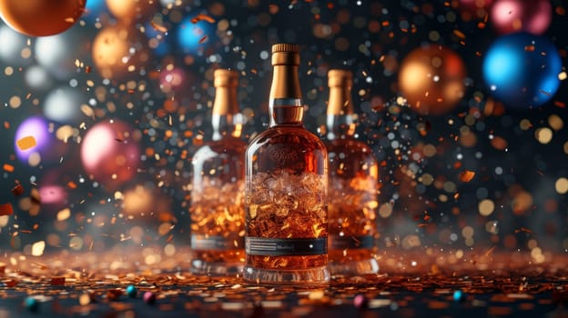 Three bottles of whiskey with an empty label on a festive background with balloons and confetti.