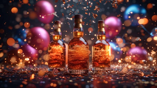 Three bottles of whiskey with an empty label on a festive background with balloons and confetti.