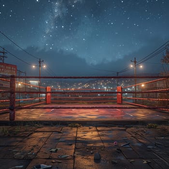 A vibrant night scene showcasing a lively boxing ring under a star-filled sky.
