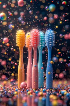 A set of colorful toothbrushes on a festive background with confetti. the concept of a clean tooth.