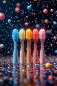 A set of colorful toothbrushes on a festive background with confetti. the concept of a clean tooth.