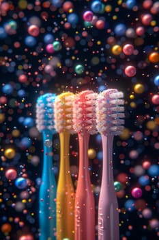 A set of colorful toothbrushes on a festive background with confetti. the concept of a clean tooth.