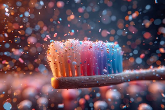 a toothbrush on a festive background with confetti. the concept of a clean tooth.