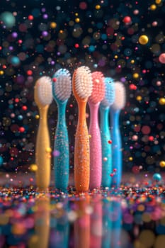 A set of colorful toothbrushes on a festive background with confetti. the concept of a clean tooth.