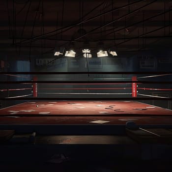 A boxing ring in a dimly lit room radiates bright lights, evoking the intensity of a fight night.