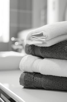 A stack of black and white towels lies on a wooden surface.