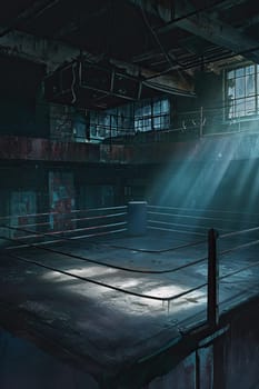 A photo showcasing a boxing ring on fight night, illuminated by a beam of light streaming through a window.