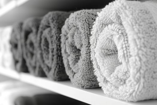 A stack of black and white towels lies on a wooden surface.