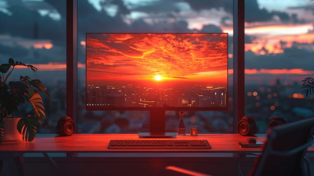 A computer monitor is on a desk with a city view in the background. The city is lit up with a warm glow, creating a cozy and inviting atmosphere. The desk is also adorned with potted plants