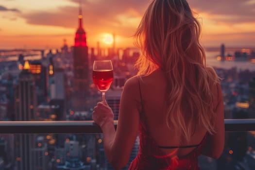 A woman in a red dress is holding a wine glass and looking out over the city. The sun is setting, casting a warm glow over the skyline