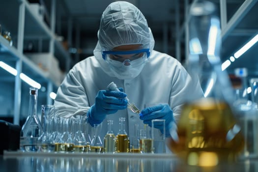 A woman in a white lab coat and a mask is working in a lab. She is wearing gloves and a face mask