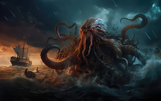 Kraken is a mythological sea monster of gigantic size. A giant octopus that attacks a sea vessel.