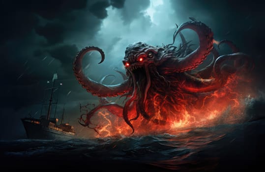 Kraken is a mythological sea monster of gigantic size. A giant octopus that attacks a sea vessel.