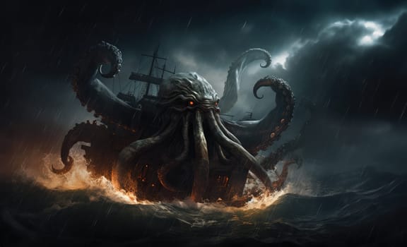 Kraken is a mythological sea monster of gigantic size. A giant octopus that attacks a sea vessel.