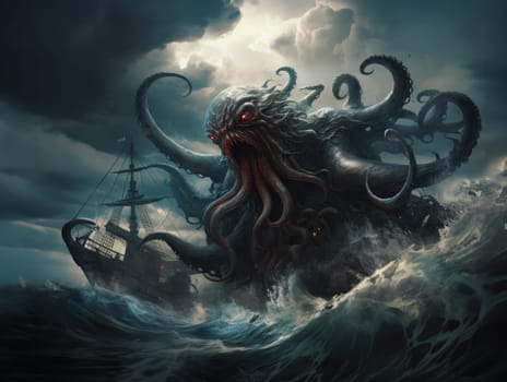Kraken is a mythological sea monster of gigantic size. A giant octopus that attacks a sea vessel.