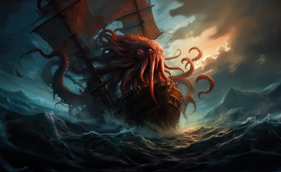 Kraken is a mythological sea monster of gigantic size. A giant octopus that attacks a sea vessel.