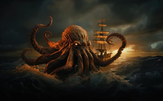 Kraken is a mythological sea monster of gigantic size. A giant octopus that attacks a sea vessel.