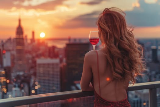 A woman in a red dress is holding a wine glass and looking out over the city. The sun is setting, casting a warm glow over the skyline