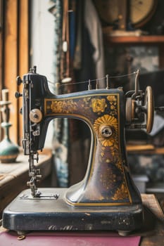 An antique sewing machine is ready to work on the table.