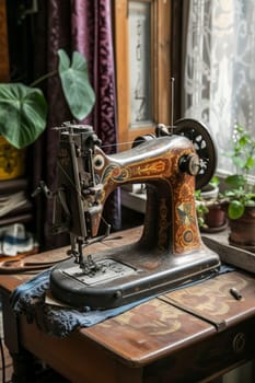 An antique sewing machine is ready to work on the table.