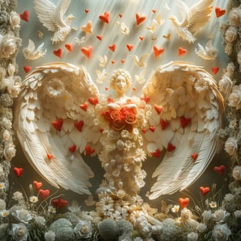 A picture showcasing an angel figurine placed amidst a vibrant arrangement of flowers and hearts for love-themed mockup purposes.