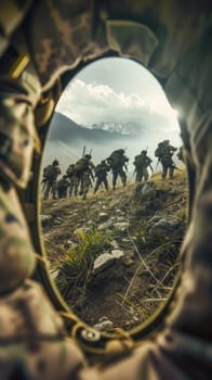 A group of soldiers walking across a field is reflected in a mirror, creating a unique visual perspective.