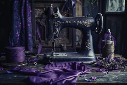 An antique sewing machine is ready to work on the table.