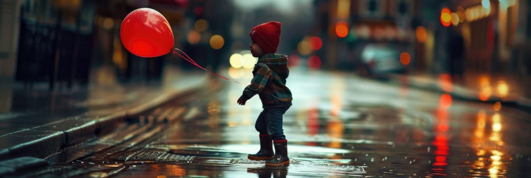 A young girl stands in the rain, tightly clutching a red balloon.