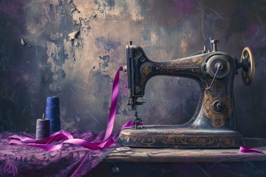 An antique sewing machine is ready to work on the table.