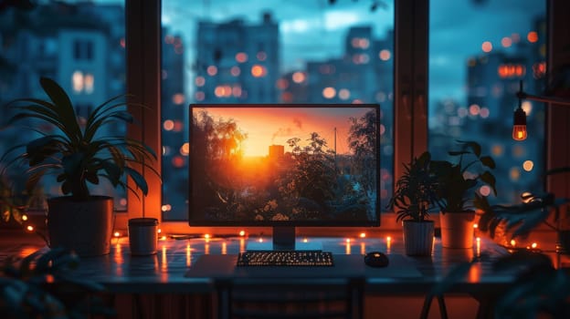 A computer monitor is on a desk with a city view in the background. The city is lit up with a warm glow, creating a cozy and inviting atmosphere. The desk is also adorned with potted plants