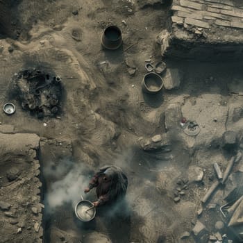 An aerial view captures a man cooking in a pot, accompanied by an old woman near her hut.