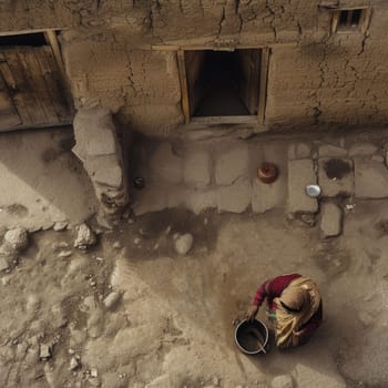 An aerial view capturing an old woman carrying a bucket as she moves near her hut.