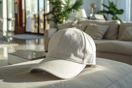 A white hat is sitting on a ledge next to a bush. The hat is placed on a concrete ledge, and the bush is full of purple flowers. The scene is peaceful and serene, with the hat