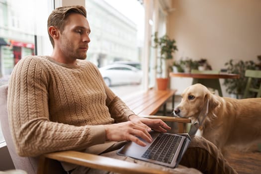 Portrait of young working man sitting in cafe, typing on keyboard while a dog looking at him. Concentrated coffee shop visitor doing his job online, sitting near window in co-working space.