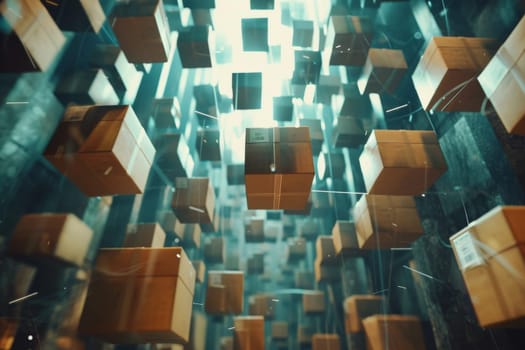 A futuristic scene with boxes moving along a conveyor belt. The boxes are all different sizes and colors, and they appear to be moving at a fast pace. The scene gives off a sense of efficiency
