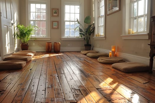 Peaceful yoga studio with natural wood floors and calming colors.